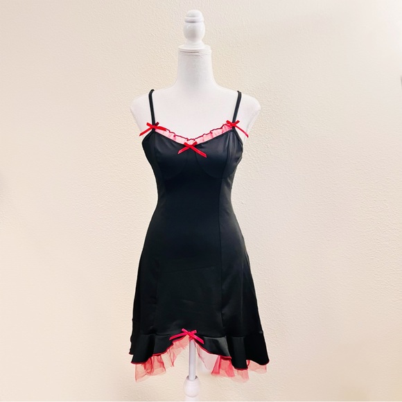 Black & Red Lace Bustier Bow High Low Gothic Cami Tank Dress - Picture 1 of 12